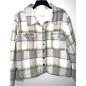 LUCKY BRAND GRAY IVORY PLAID SHIRT JACKET SHACKET FLEECE LINED XL SNAPS